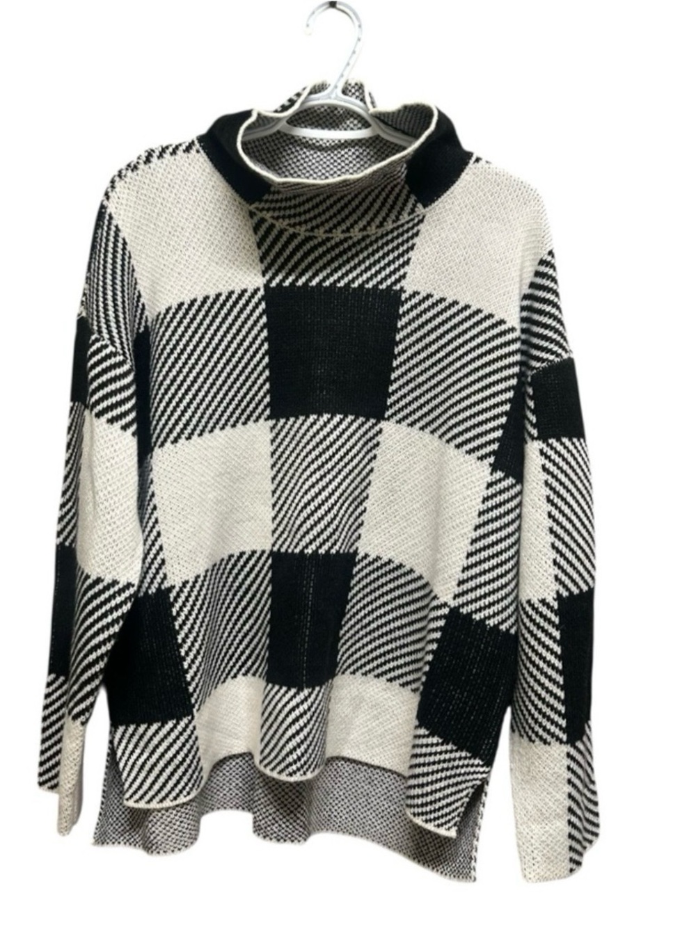DKNY Black White Bold Check High Loose Neck Knit Sweater Top Size L